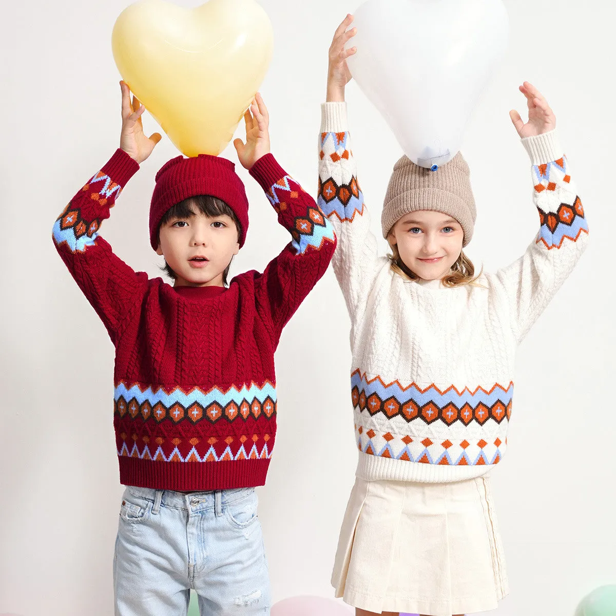 100% Wool Kids Round Neck Striped Cable Knit Sweater