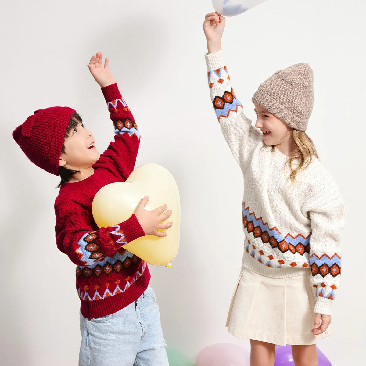 100% Wool Kids Round Neck Striped Cable Knit Sweater