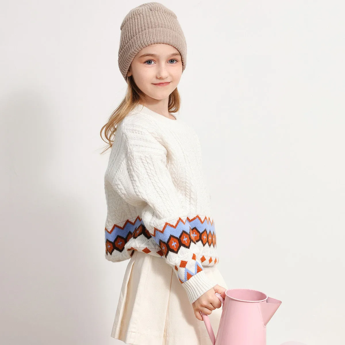 100% Wool Kids Round Neck Striped Cable Knit Sweater