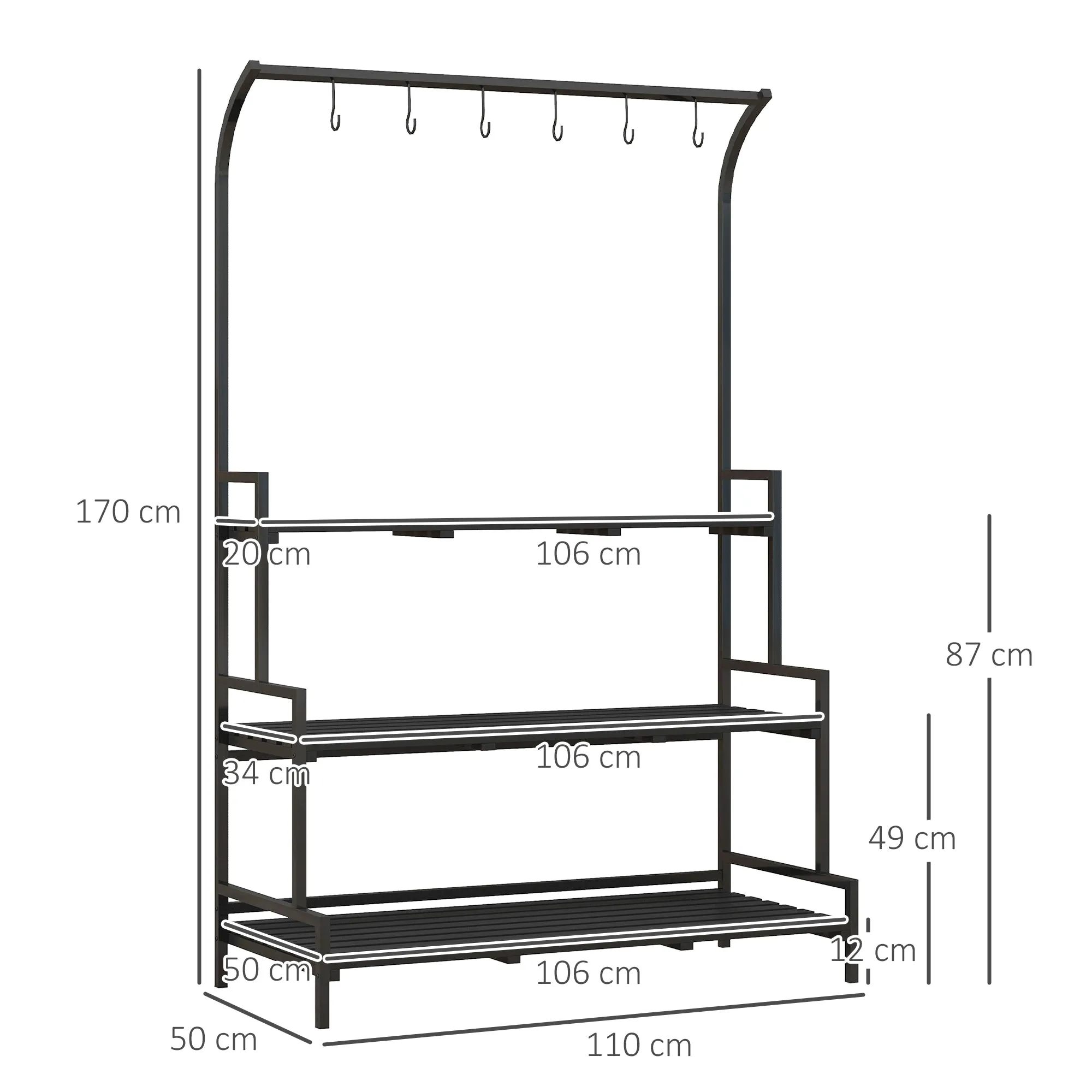 3 Tiered Plant Rack with Hanging Hooks, Tall Plant Stand for Indoor Outdoor Porch Balcony Use, Black