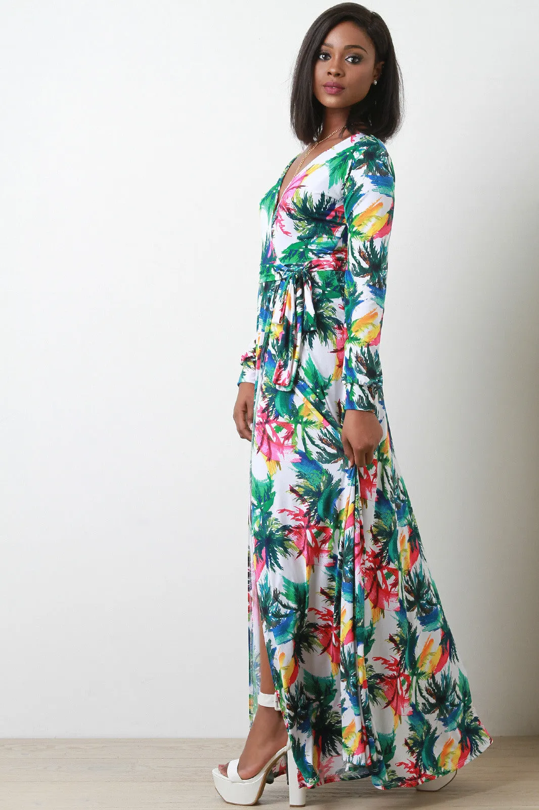 Abstract Floral Surplice V-Neck Waist Tie Long Sleeves Maxi Dress