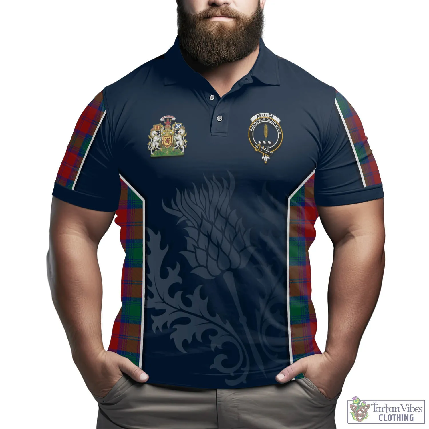 Affleck Tartan Men's Polo Shirt with Family Crest and Scottish Thistle Vibes Sport Style