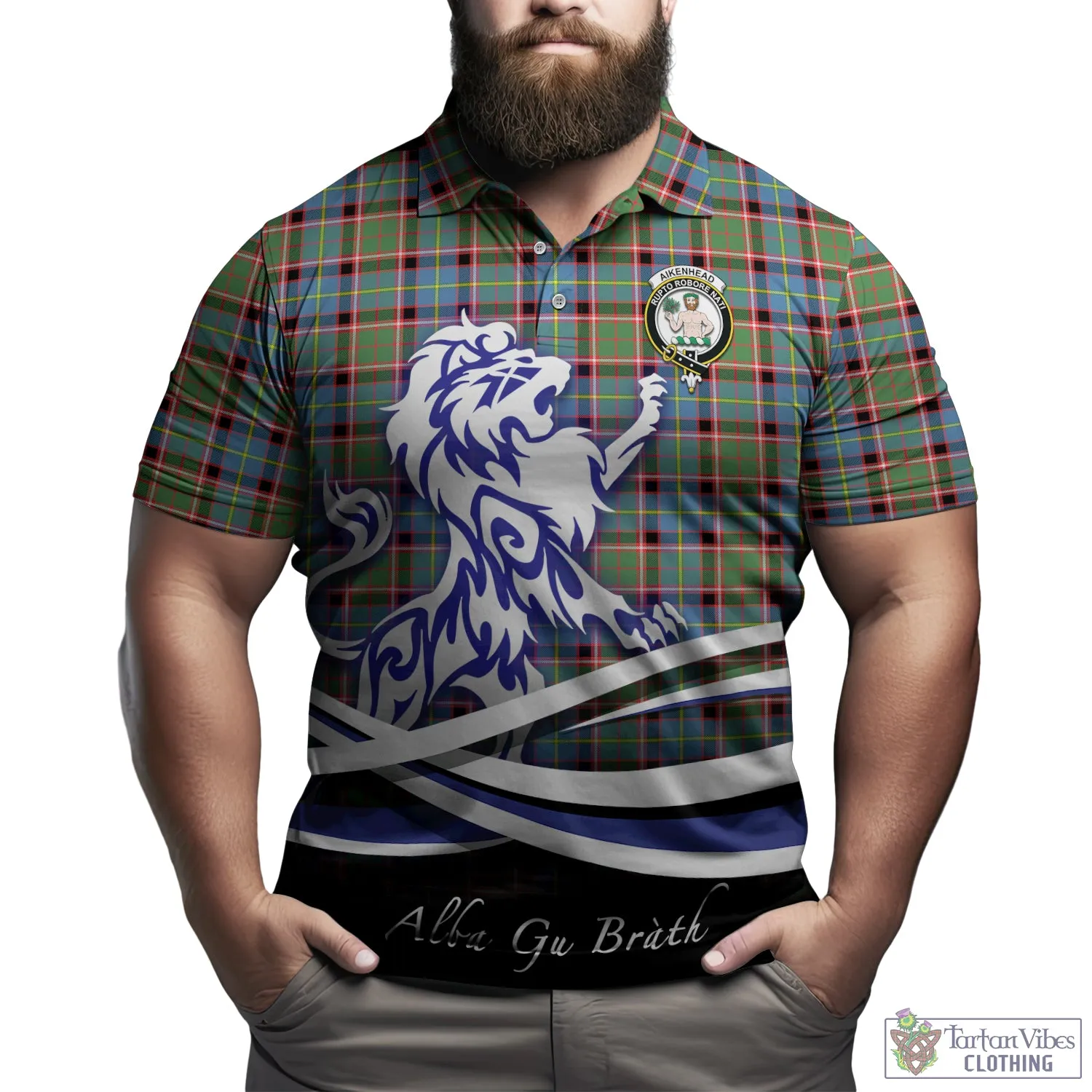 Aikenhead Tartan Polo Shirt with Alba Gu Brath Regal Lion Emblem