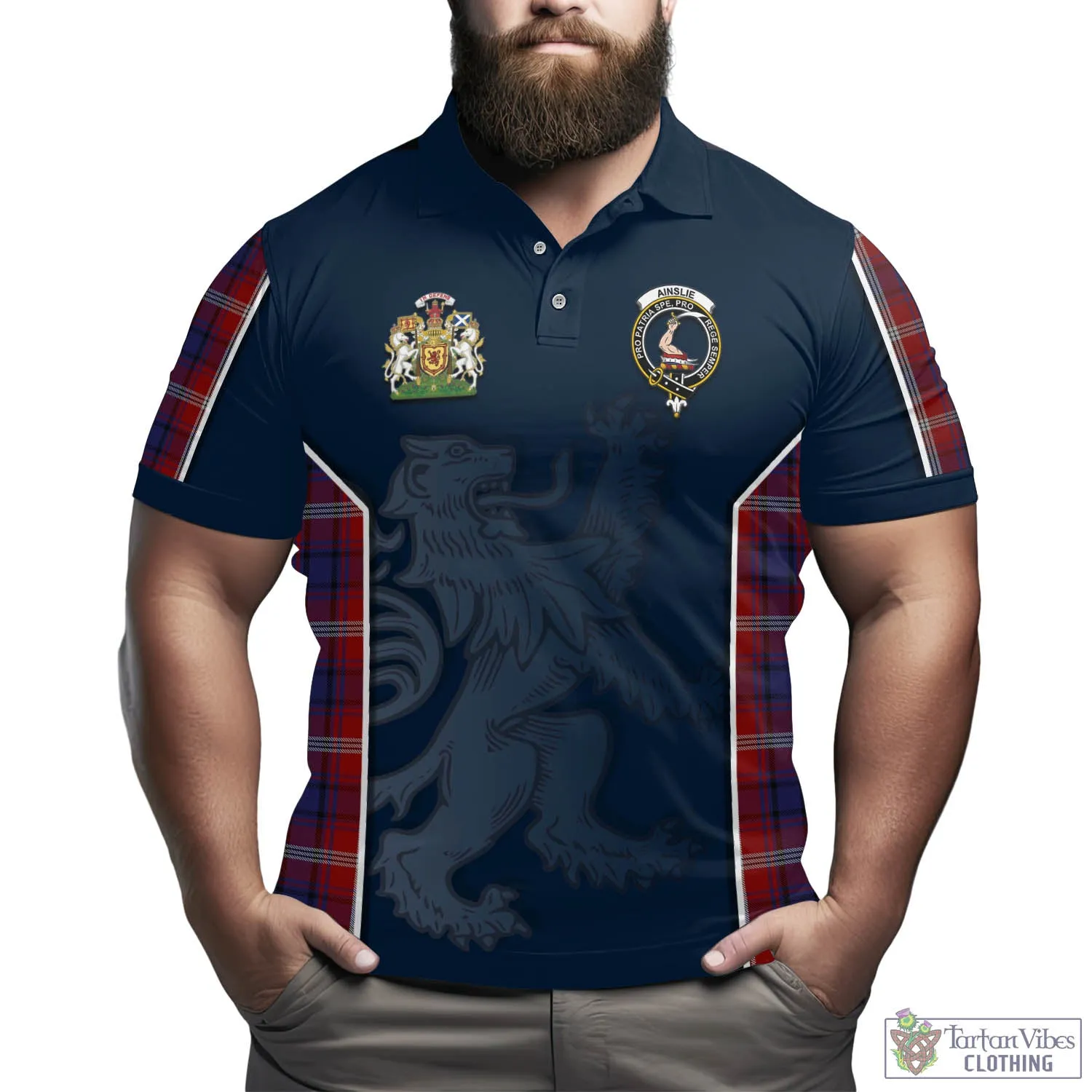 Ainslie Tartan Men's Polo Shirt with Family Crest and Lion Rampant Vibes Sport Style