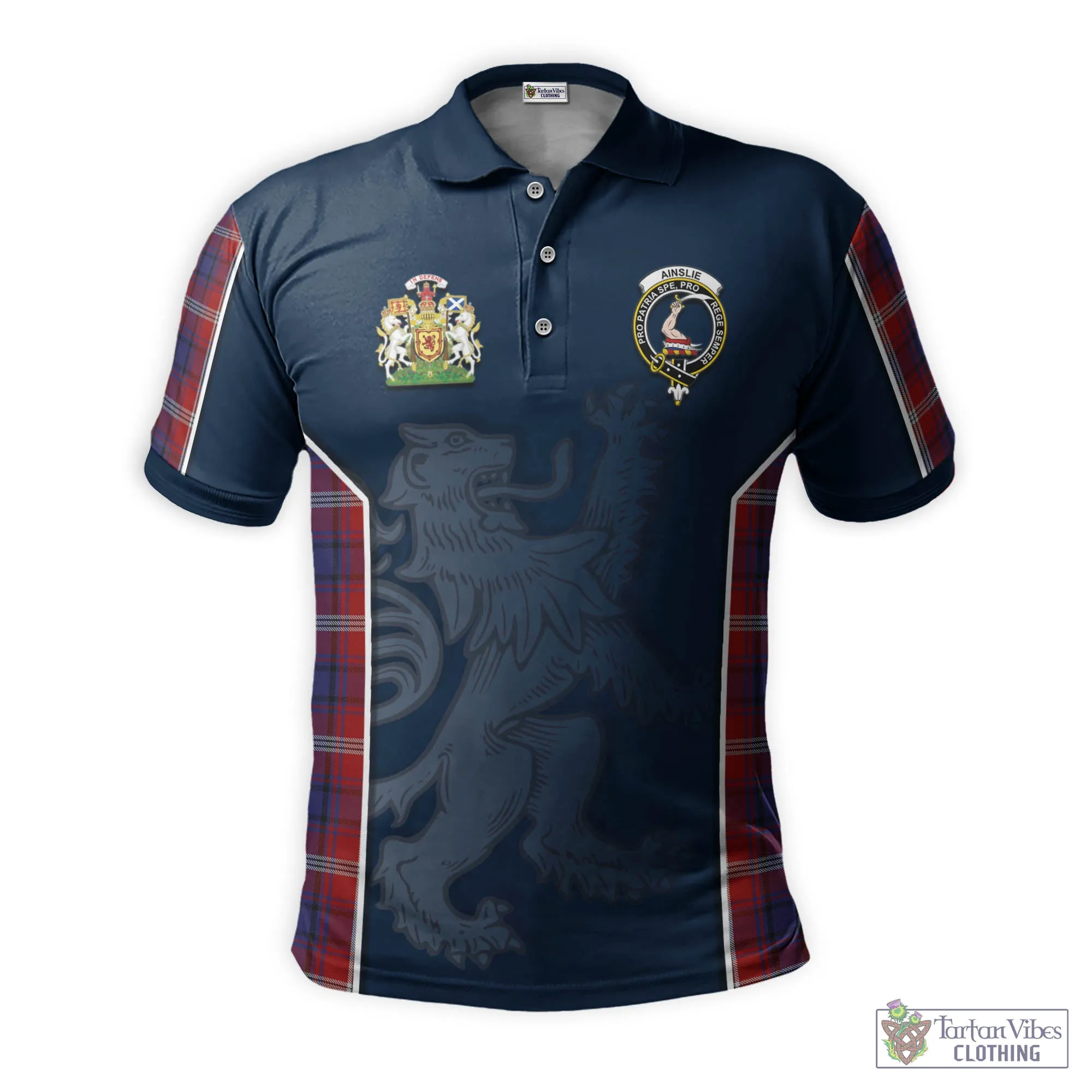 Ainslie Tartan Men's Polo Shirt with Family Crest and Lion Rampant Vibes Sport Style