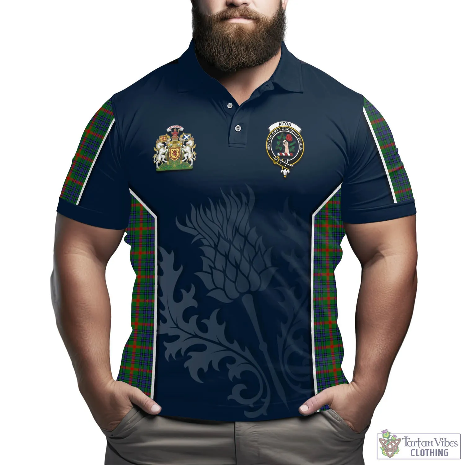 Aiton Tartan Men's Polo Shirt with Family Crest and Scottish Thistle Vibes Sport Style