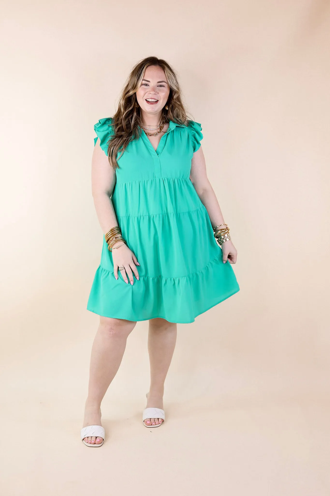 All Of A Sudden Ruffle Cap Sleeve Short Dress in Mint Green