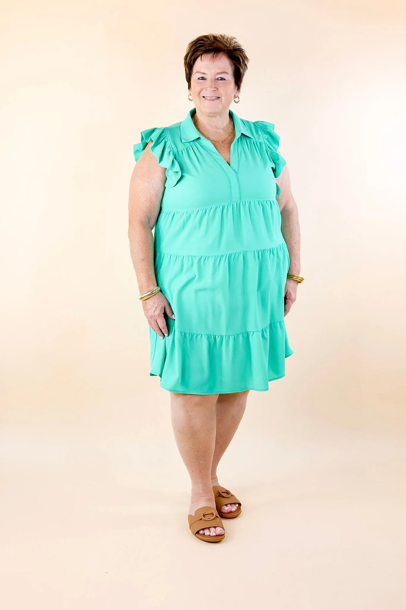 All Of A Sudden Ruffle Cap Sleeve Short Dress in Mint Green