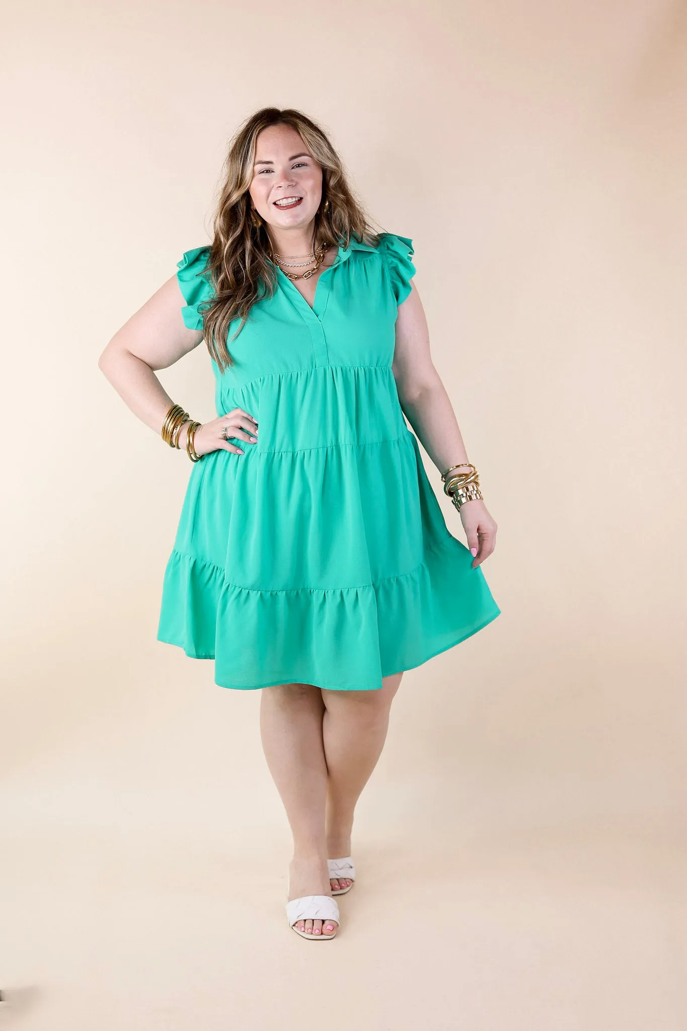 All Of A Sudden Ruffle Cap Sleeve Short Dress in Mint Green