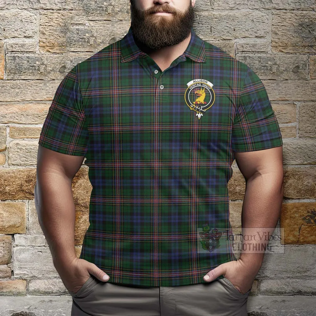 Allison Tartan Polo Shirt with Family Crest and Bearded Skull Holding Bottles of Whiskey