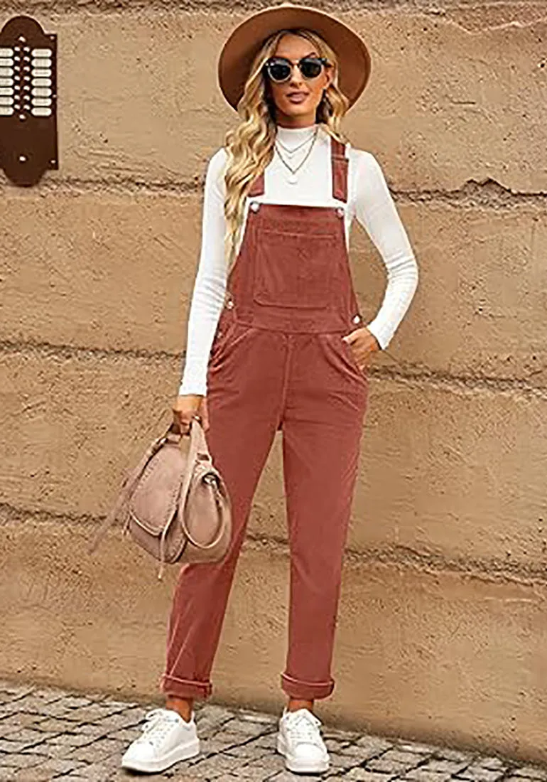 Apricot Brandy Womens Overalls Corduroy Bib Adjustable Straps Fashion Jumpsuit Overall for Women with Pocket