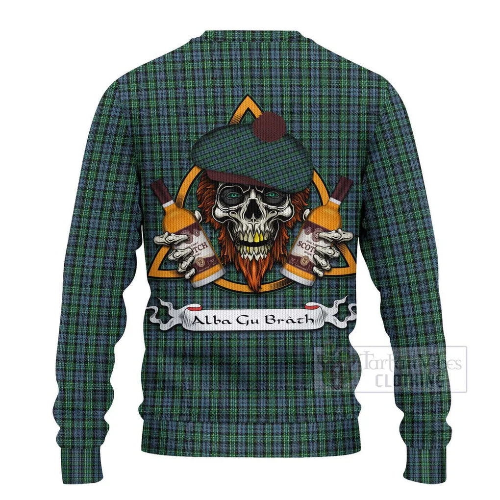 Arbuthnot Tartan Ugly Sweater with Family Crest and Bearded Skull Holding Bottles of Whiskey