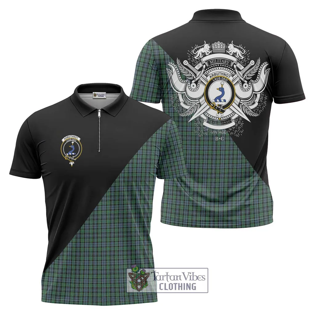 Arbuthnot Tartan Zipper Polo Shirt with Family Crest and Military Logo Style