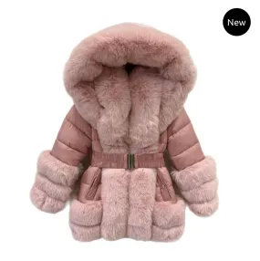 AW24 Girls Faux Fur Hooded Coat PINK In-Stock