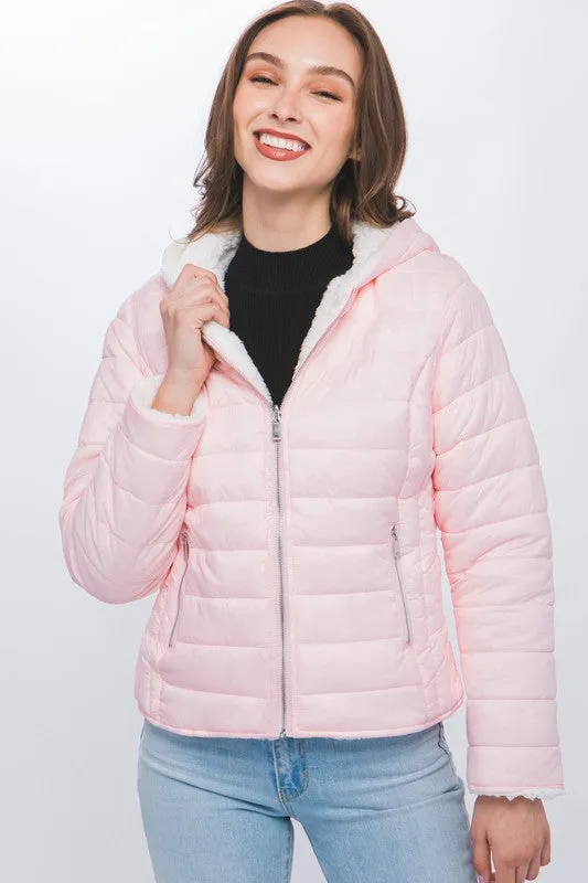 Baby Pink Reversible Faux Sherpa Fleece Puffer Hooded Jacket