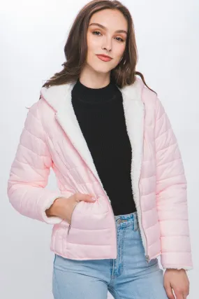 Baby Pink Reversible Faux Sherpa Fleece Puffer Hooded Jacket