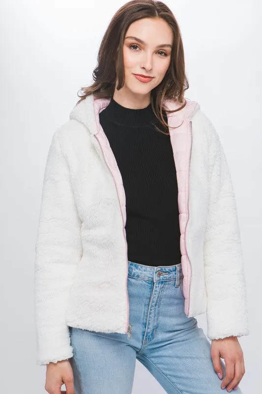 Baby Pink Reversible Faux Sherpa Fleece Puffer Hooded Jacket