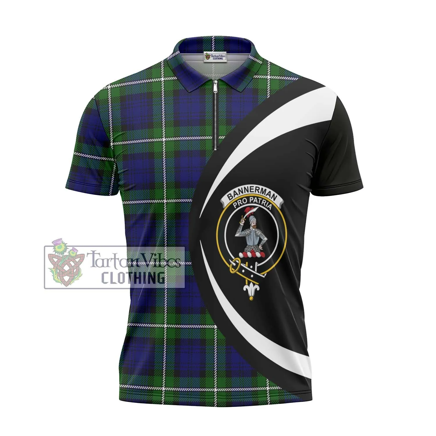 Bannerman Tartan Zipper Polo Shirt with Family Crest Circle Style