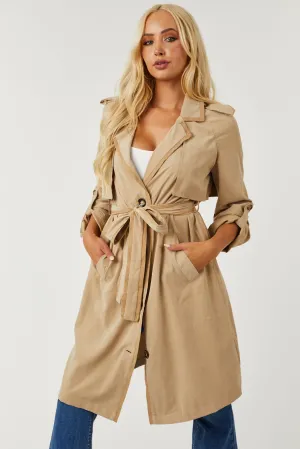 Beige Faux Suede Button Down Tie Waist Trench Coat