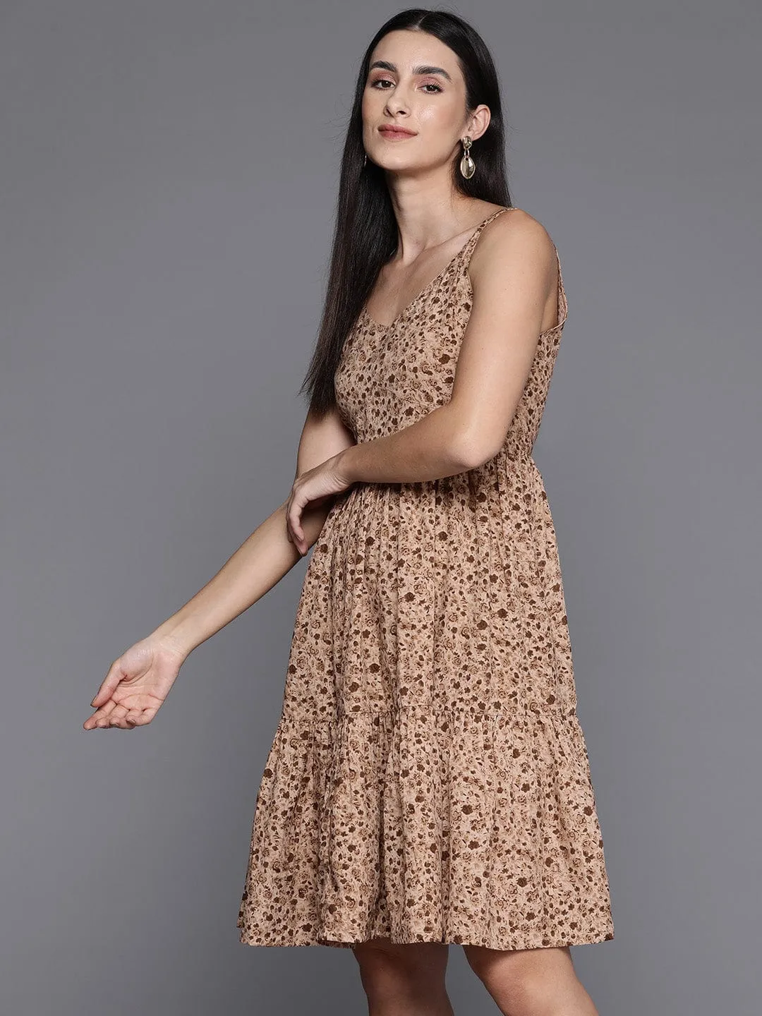 Beige Floral Printed V-Neck Tiered Dress With Flared Hem