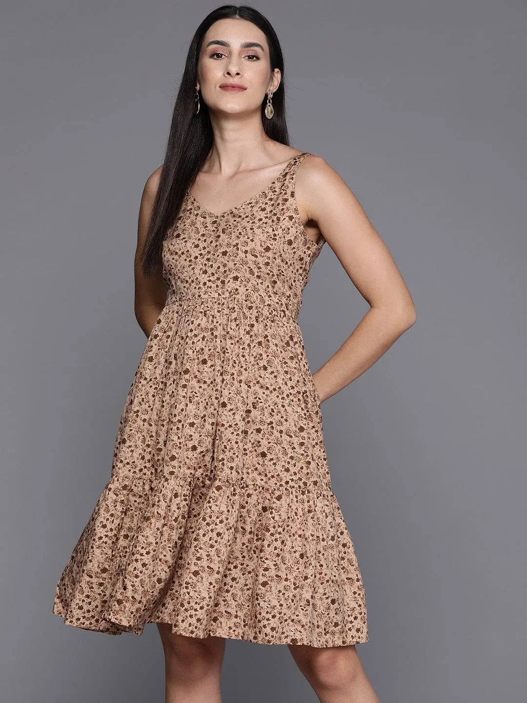 Beige Floral Printed V-Neck Tiered Dress With Flared Hem