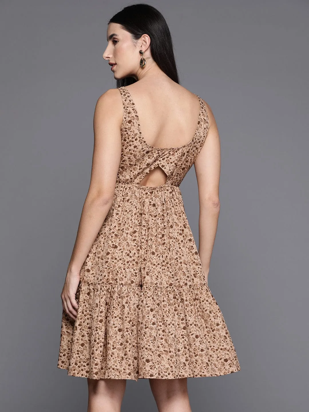 Beige Floral Printed V-Neck Tiered Dress With Flared Hem