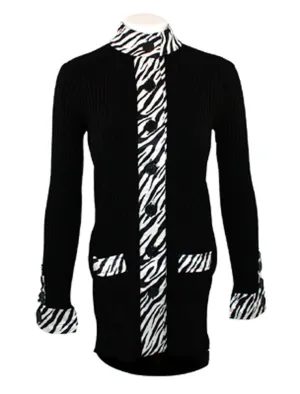 Belldini Ribbed Cardigan Duster with Satin Zebra Print on Button Front, Pocket and Sleeves(Small)