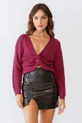 Berry Knit Twisted Detail Long Sleeve Crop Sweater /2-2-1