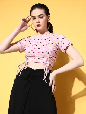 Berrylush Women Pink & Black Geometric Print Round Neck Waist Tie-Up Cotton Ruched Crop Top