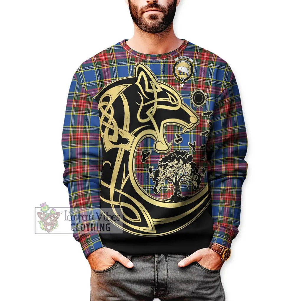 Bethune Tartan Sweatshirt with Family Crest Celtic Wolf Style