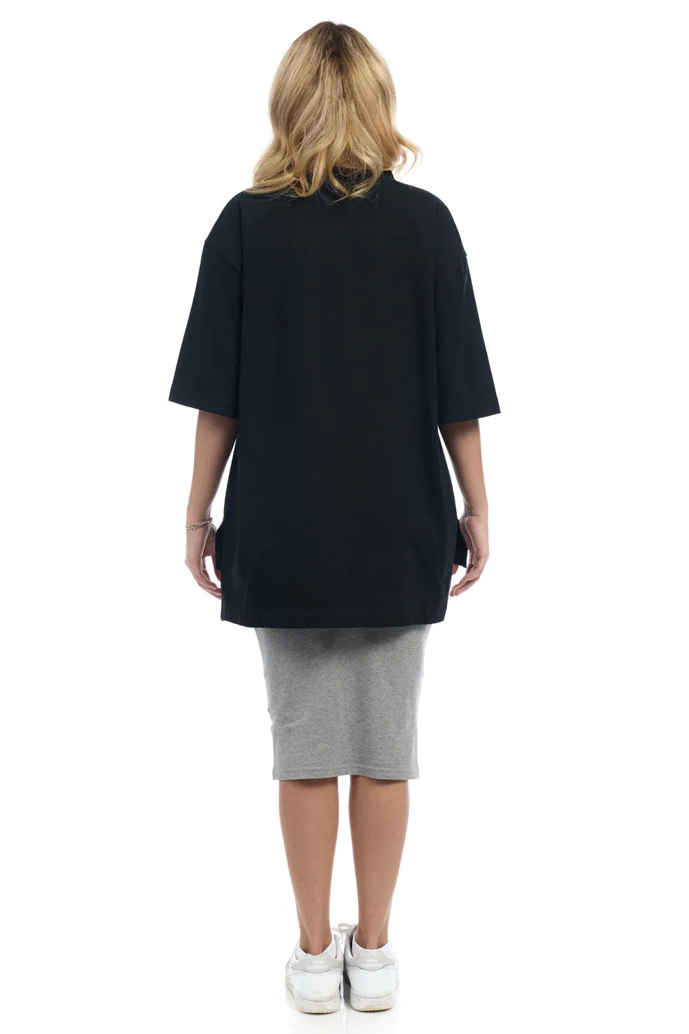 Black 3/4 Sleeve Cotton Oversized Hi-Lo Tunic T-shirt