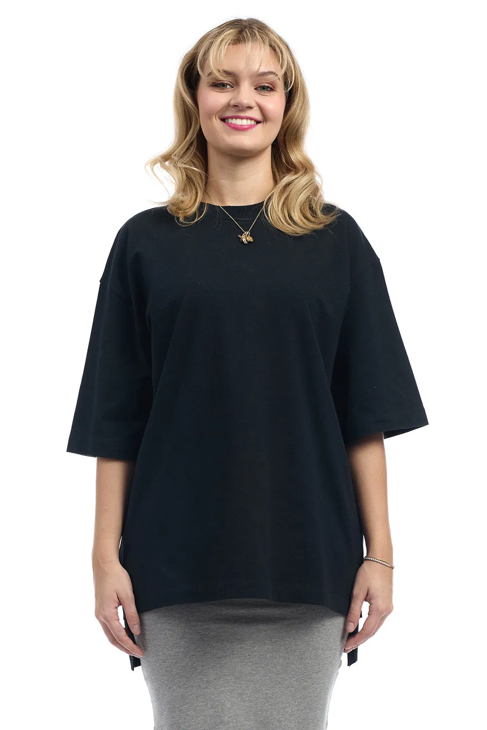 Black 3/4 Sleeve Cotton Oversized Hi-Lo Tunic T-shirt