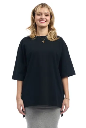 Black 3/4 Sleeve Cotton Oversized Hi-Lo Tunic T-shirt