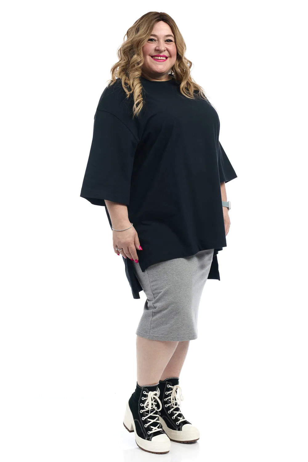 Black 3/4 Sleeve Cotton Oversized Hi-Lo Tunic T-shirt