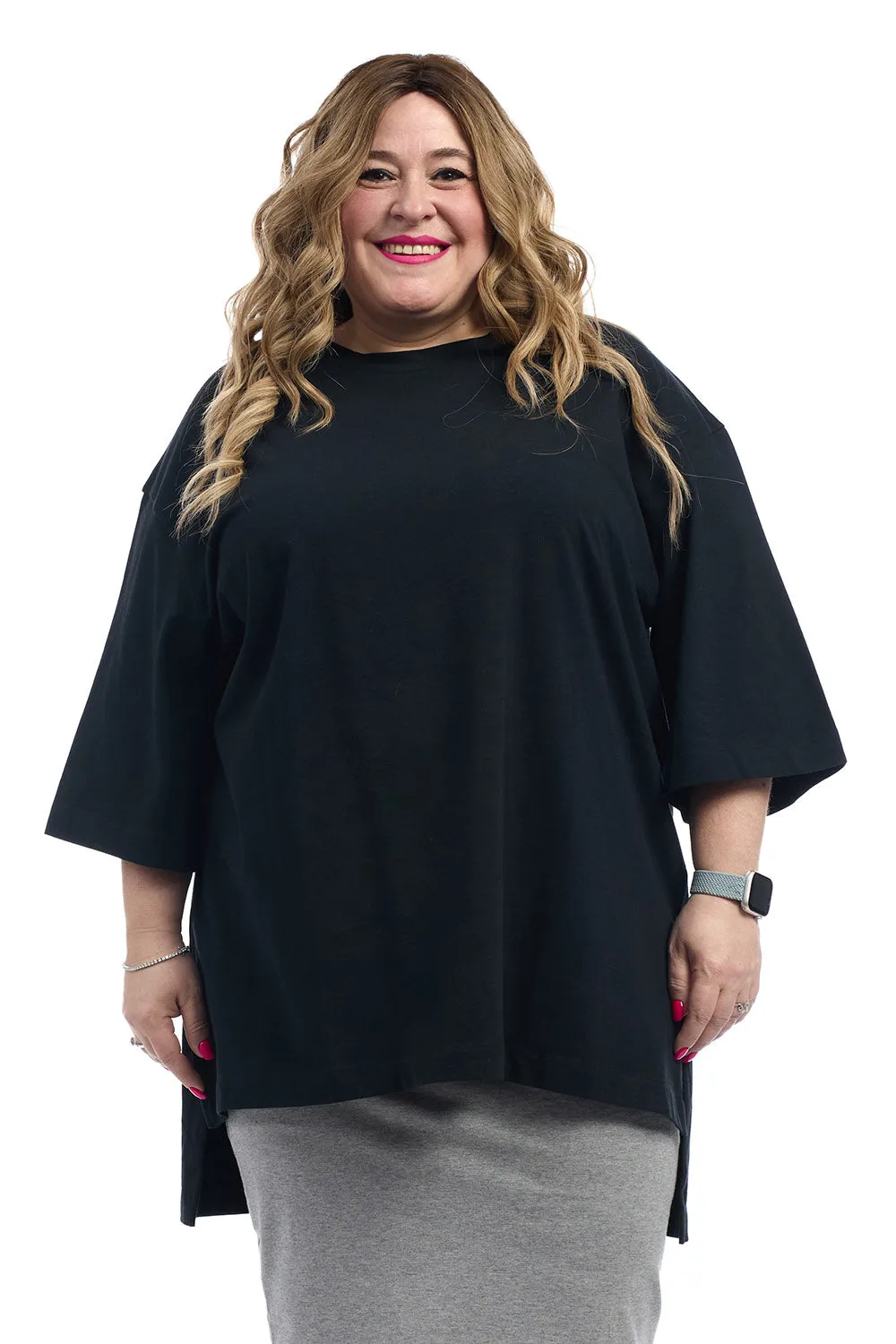 Black 3/4 Sleeve Cotton Oversized Hi-Lo Tunic T-shirt