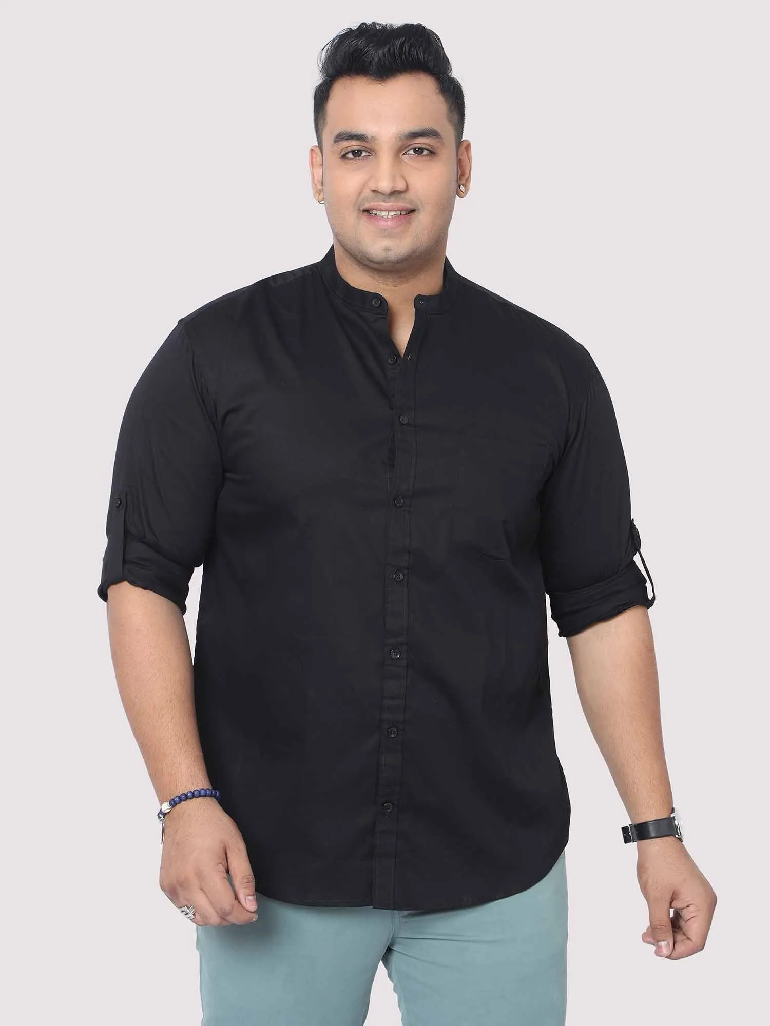 Black Mandarin Collar Men's Plus Size Cotton Full Shirt