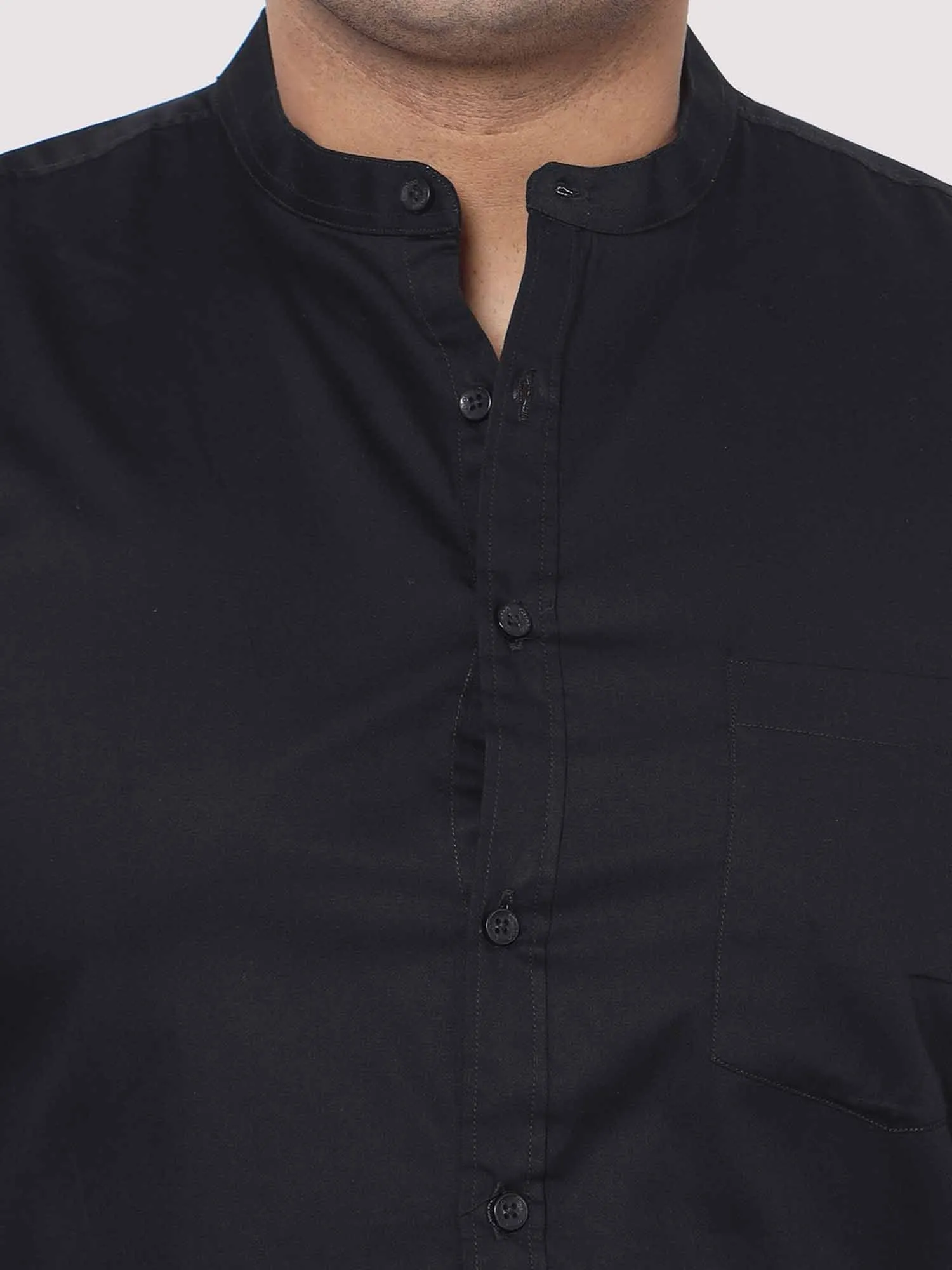 Black Mandarin Collar Men's Plus Size Cotton Full Shirt