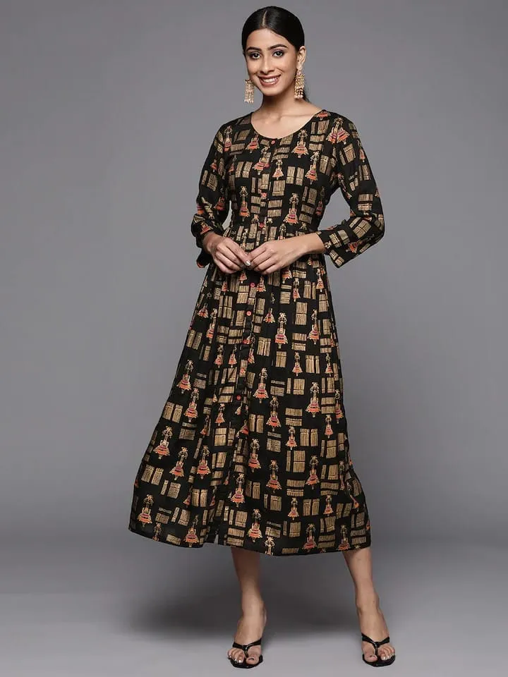 Black Printed Empire Dress