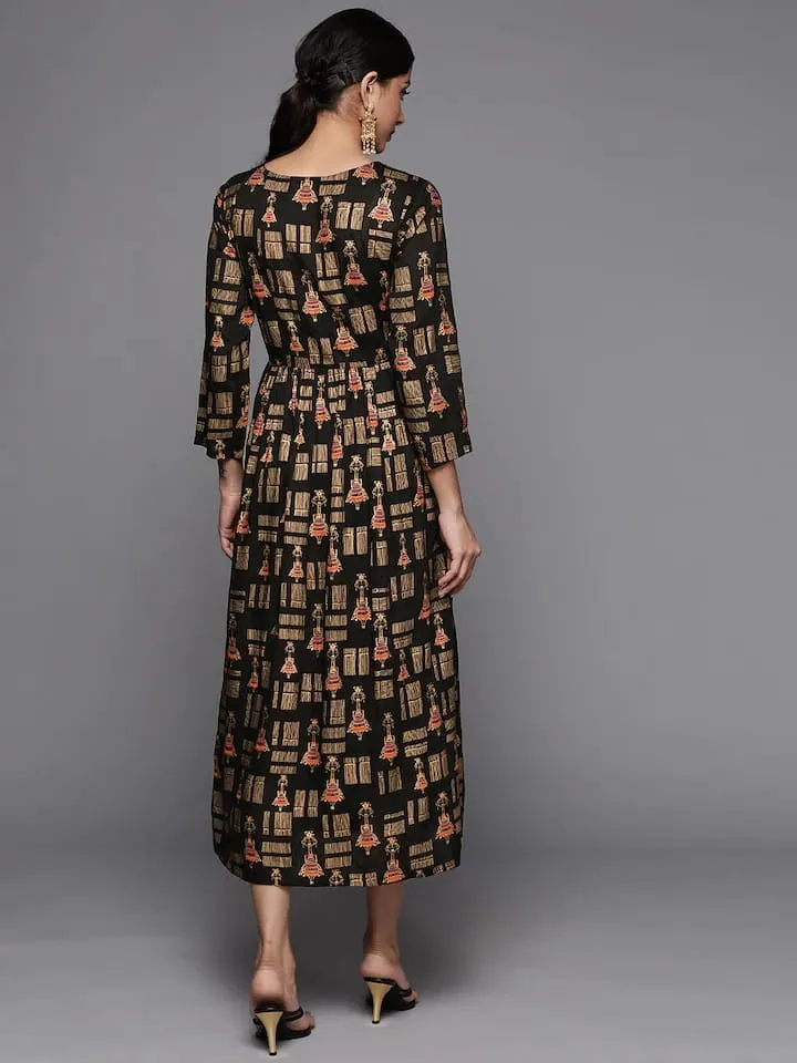 Black Printed Empire Dress