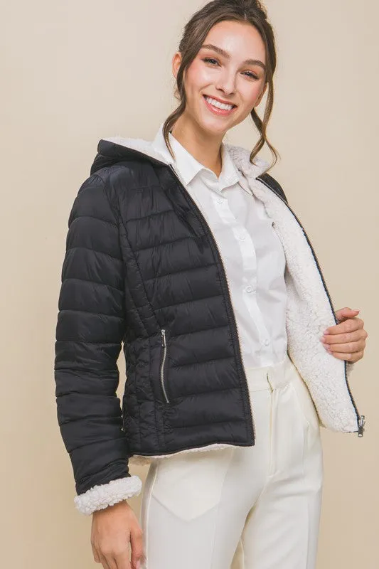 Black Reversible Faux Sherpa Fleece Puffer Hooded Jacket