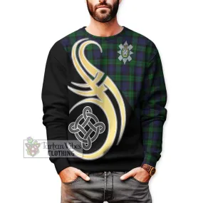 Black Watch Tartan Sweatshirt with Family Crest and Celtic Symbol Style