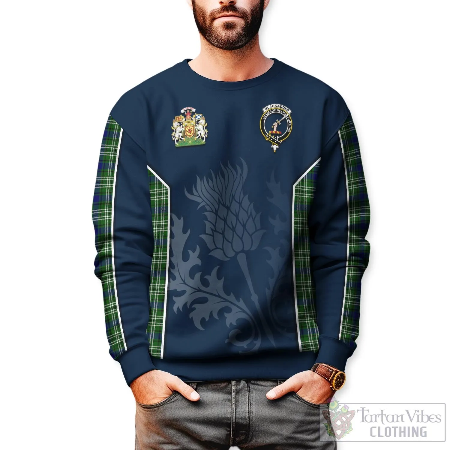 Blackadder Tartan Sweatshirt with Family Crest and Scottish Thistle Vibes Sport Style