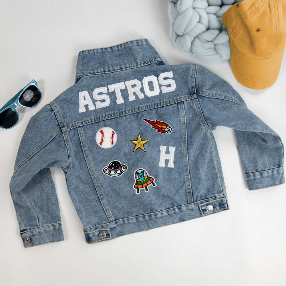 (Blue Denim) Custom Sports Denim Jacket with Patches