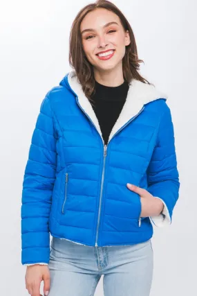 Blue Reversible Faux Sherpa Fleece Puffer Hooded Jacket