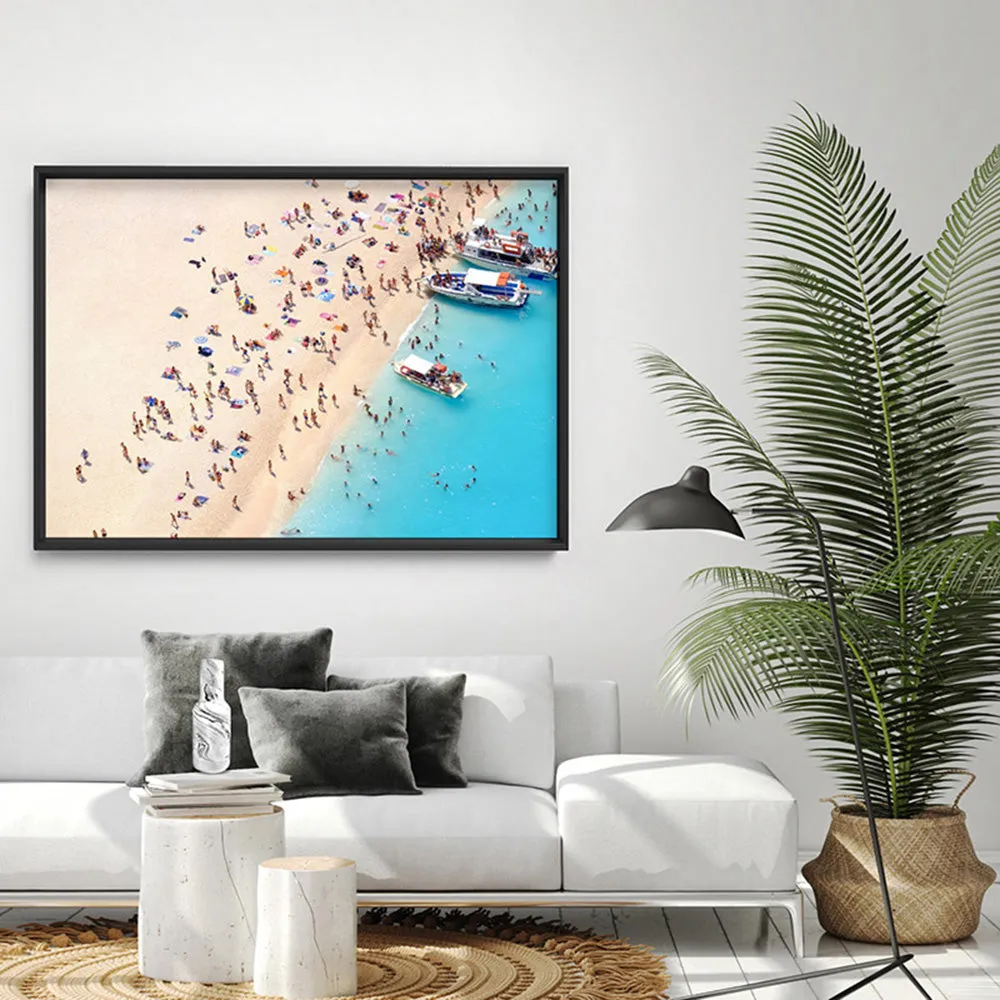 Boats Docking on Crowded Summer Beach - Art Print