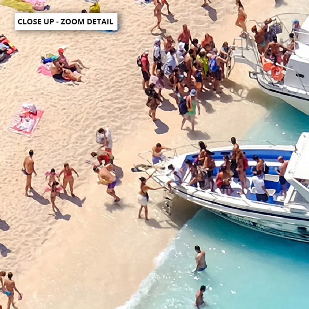 Boats Docking on Crowded Summer Beach - Art Print