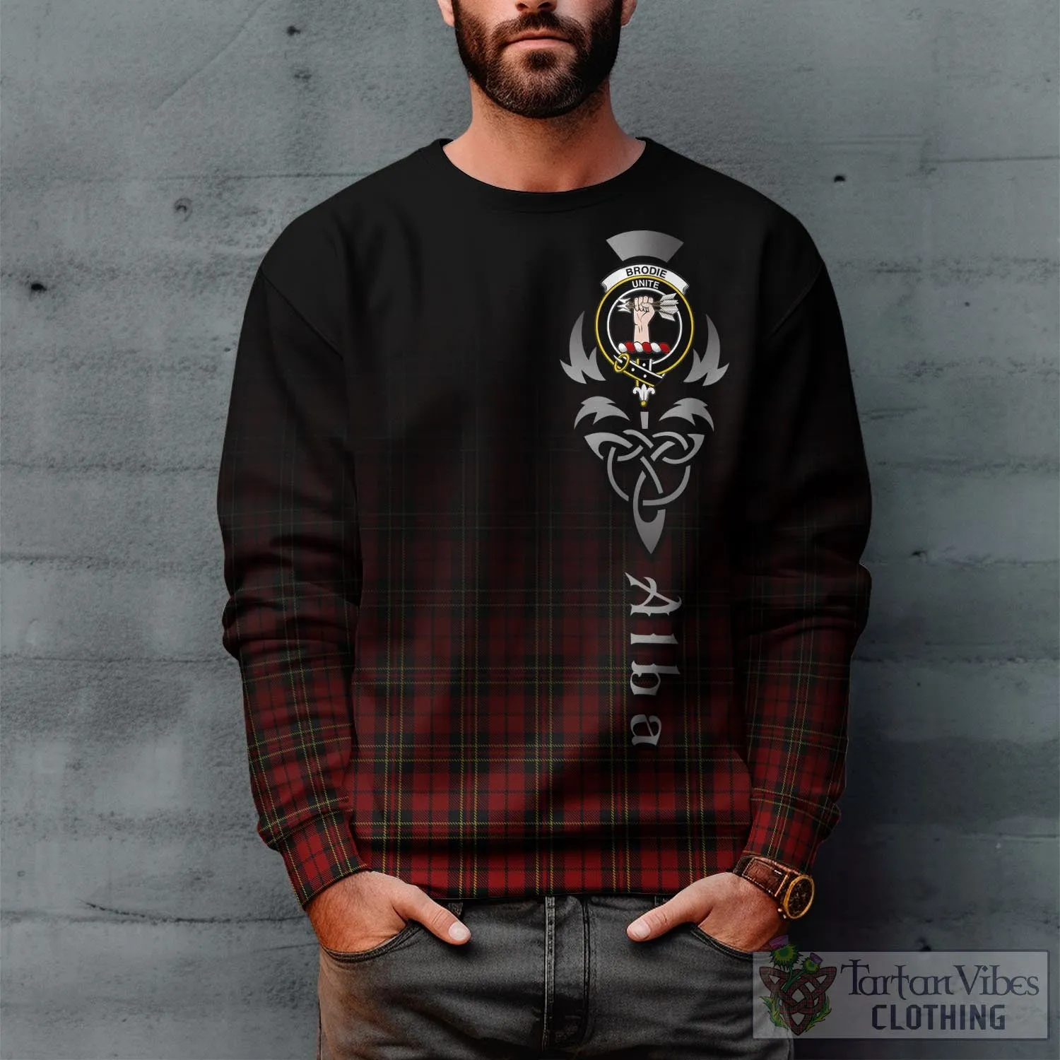 Brodie Tartan Sweatshirt Featuring Alba Gu Brath Family Crest Celtic Inspired