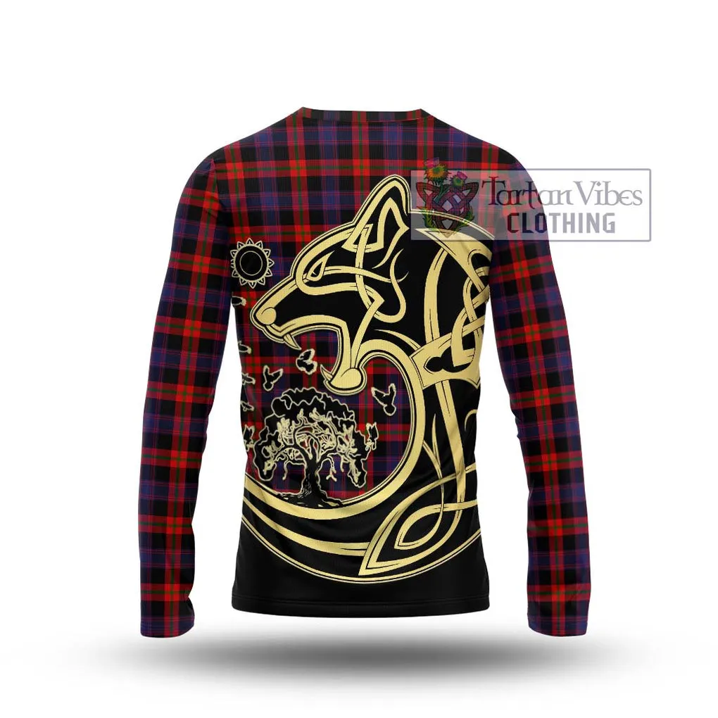 Brown (Broun) Tartan Long Sleeve T-Shirt with Family Crest Celtic Wolf Style