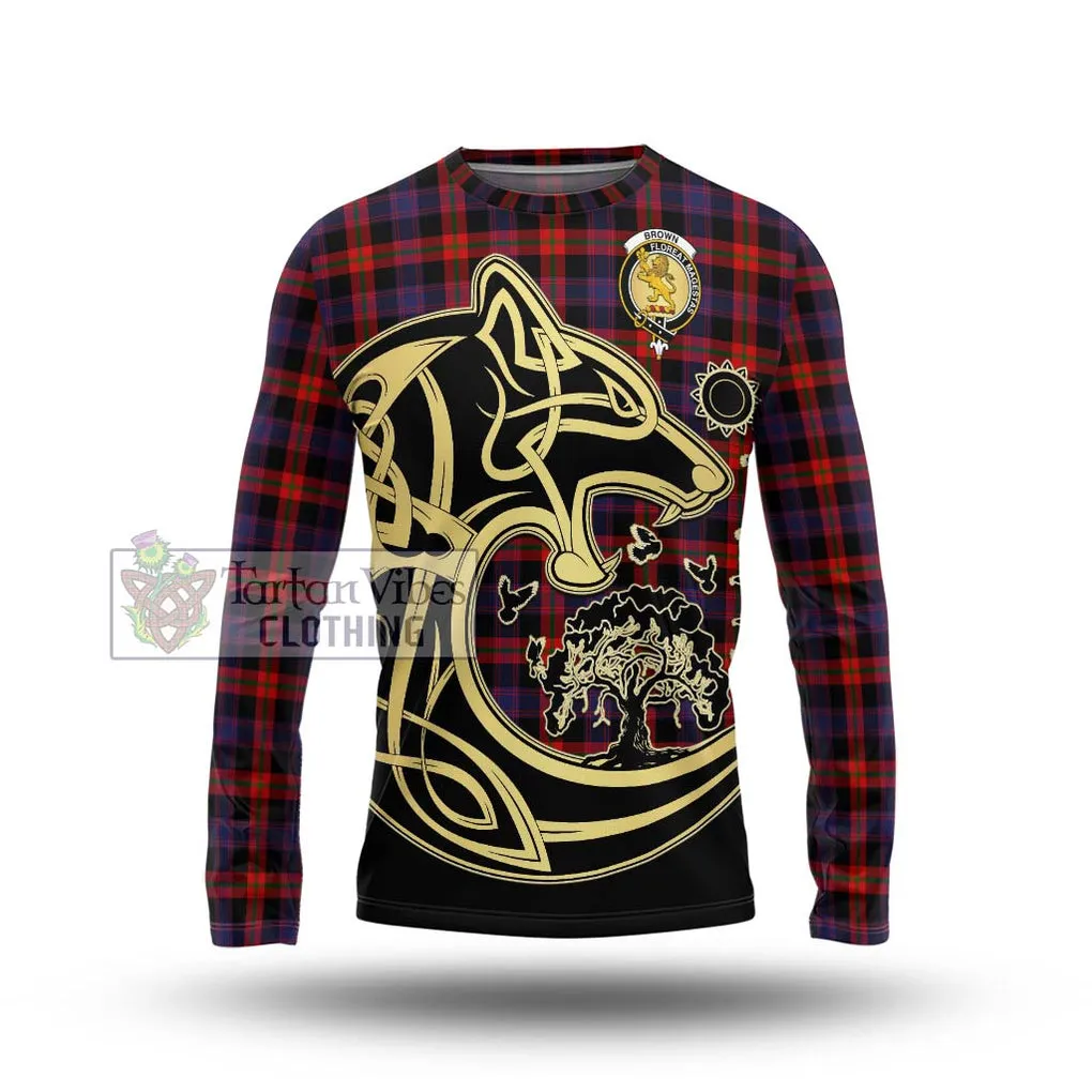 Brown (Broun) Tartan Long Sleeve T-Shirt with Family Crest Celtic Wolf Style