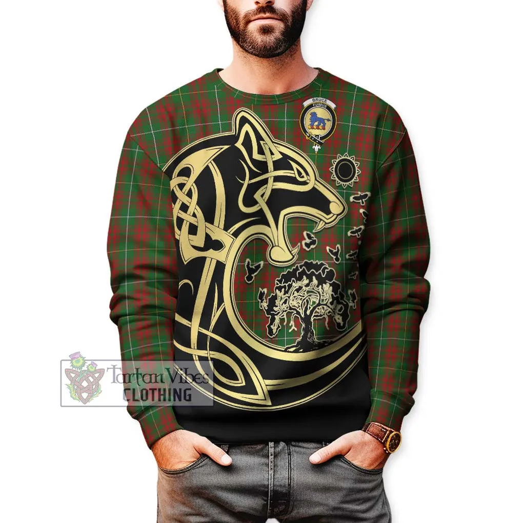 Bruce Hunting Tartan Sweatshirt with Family Crest Celtic Wolf Style